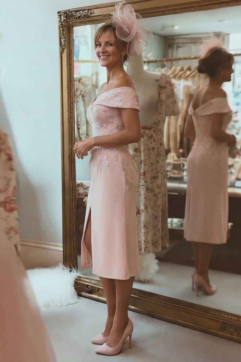 Load image into Gallery viewer, Blush Pink Off the Shoulder Ruched Midi Mother of the Bride Dress with Slit