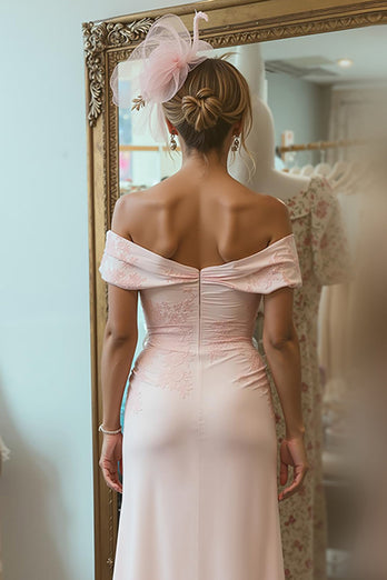 Blush Pink Off the Shoulder Ruched Midi Mother of the Bride Dress with Slit