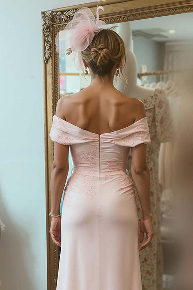 Load image into Gallery viewer, Blush Pink Off the Shoulder Ruched Midi Mother of the Bride Dress with Slit