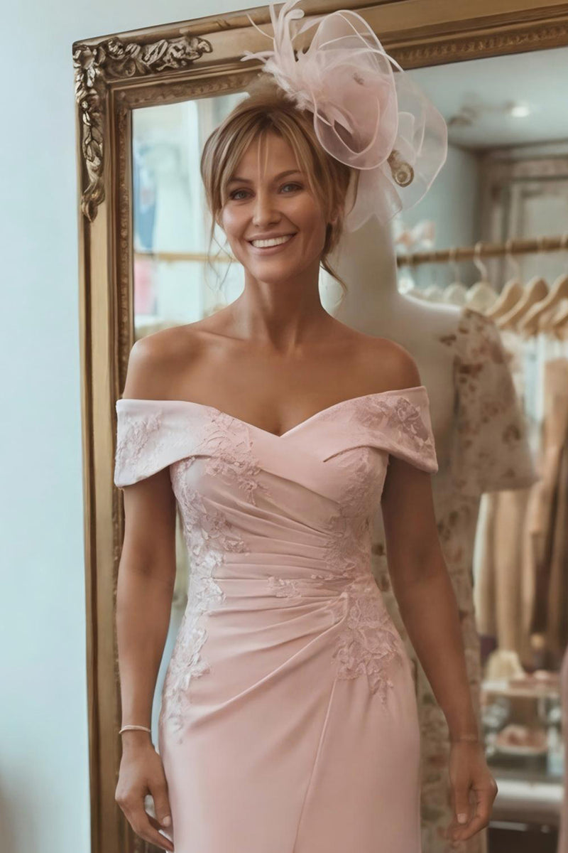 Load image into Gallery viewer, Blush Pink Off the Shoulder Ruched Midi Mother of the Bride Dress with Slit