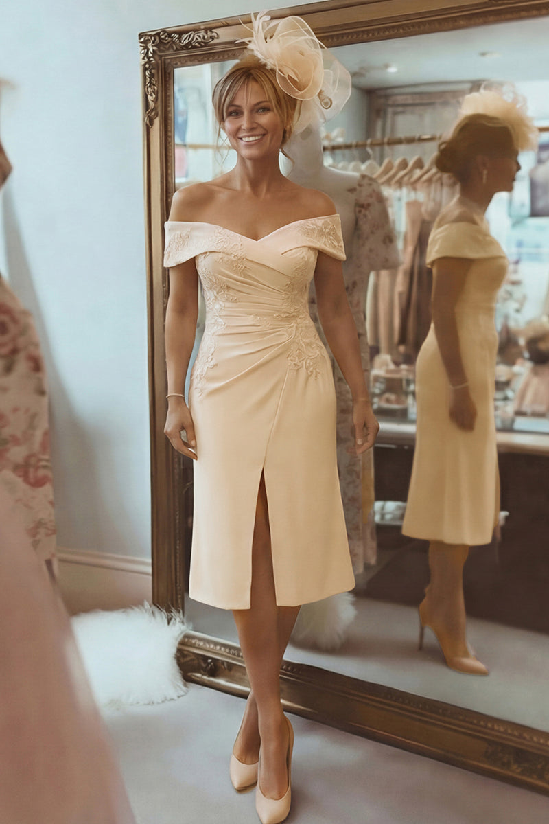 Load image into Gallery viewer, Blush Pink Off the Shoulder Ruched Midi Mother of the Bride Dress with Slit