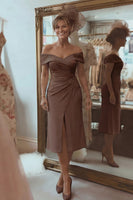 Load image into Gallery viewer, Blush Pink Off the Shoulder Ruched Midi Mother of the Bride Dress with Slit
