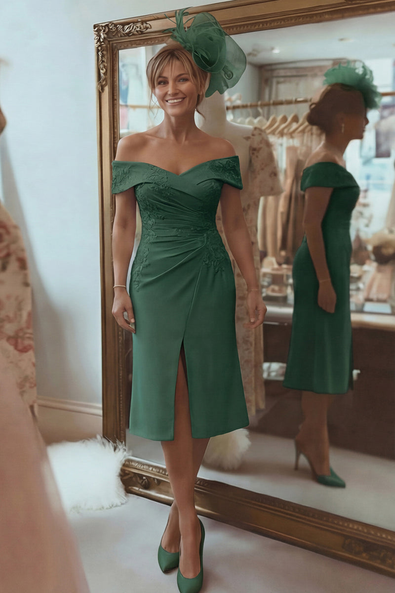 Load image into Gallery viewer, Blush Pink Off the Shoulder Ruched Midi Mother of the Bride Dress with Slit