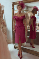 Load image into Gallery viewer, Blush Pink Off the Shoulder Ruched Midi Mother of the Bride Dress with Slit
