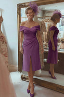 Load image into Gallery viewer, Blush Pink Off the Shoulder Ruched Midi Mother of the Bride Dress with Slit