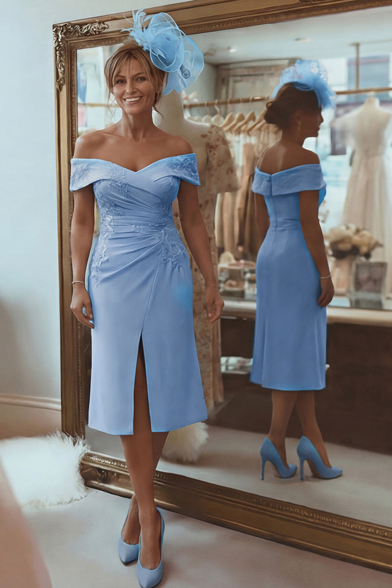 Load image into Gallery viewer, Blush Pink Off the Shoulder Ruched Midi Mother of the Bride Dress with Slit