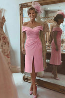 Load image into Gallery viewer, Blush Pink Off the Shoulder Ruched Midi Mother of the Bride Dress with Slit
