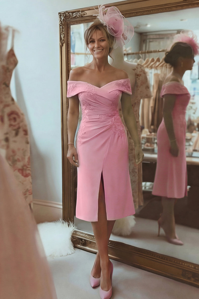 Load image into Gallery viewer, Blush Pink Off the Shoulder Ruched Midi Mother of the Bride Dress with Slit