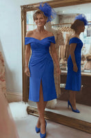 Load image into Gallery viewer, Blush Pink Off the Shoulder Ruched Midi Mother of the Bride Dress with Slit