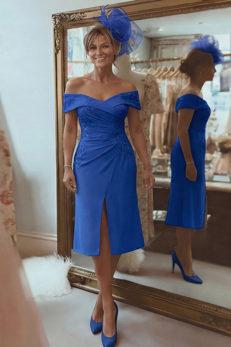 Load image into Gallery viewer, Blush Pink Off the Shoulder Ruched Midi Mother of the Bride Dress with Slit