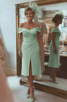 Load image into Gallery viewer, Blush Pink Off the Shoulder Ruched Midi Mother of the Bride Dress with Slit