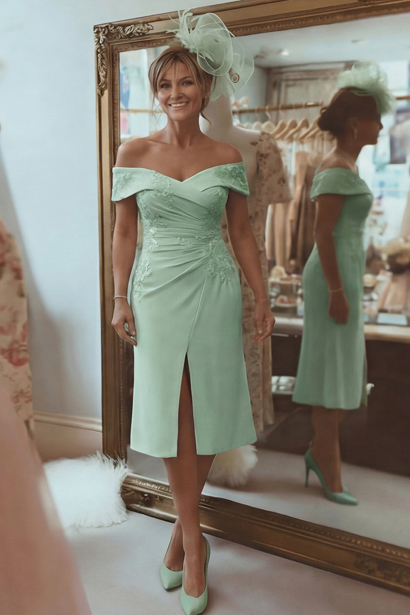 Load image into Gallery viewer, Blush Pink Off the Shoulder Ruched Midi Mother of the Bride Dress with Slit