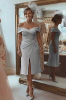 Load image into Gallery viewer, Blush Pink Off the Shoulder Ruched Midi Mother of the Bride Dress with Slit