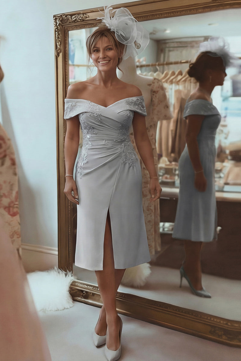 Load image into Gallery viewer, Blush Pink Off the Shoulder Ruched Midi Mother of the Bride Dress with Slit