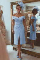 Load image into Gallery viewer, Blush Pink Off the Shoulder Ruched Midi Mother of the Bride Dress with Slit