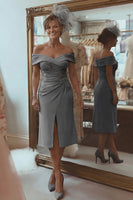 Load image into Gallery viewer, Blush Pink Off the Shoulder Ruched Midi Mother of the Bride Dress with Slit