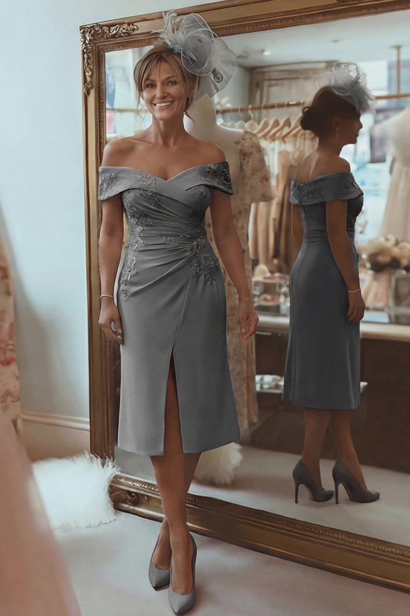 Load image into Gallery viewer, Blush Pink Off the Shoulder Ruched Midi Mother of the Bride Dress with Slit