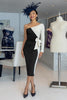 Load image into Gallery viewer, Black and White One Shoulder Bodycon Midi Mother of the Bride Dress with Sleeves