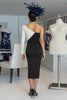 Load image into Gallery viewer, Black and White One Shoulder Bodycon Midi Mother of the Bride Dress with Sleeves