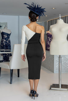 Black and White One Shoulder Bodycon Midi Mother of the Bride Dress with Sleeves