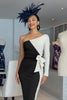 Load image into Gallery viewer, Black and White One Shoulder Bodycon Midi Mother of the Bride Dress with Sleeves