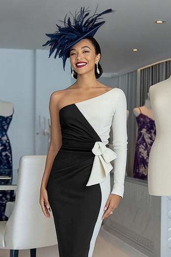 Black and White One Shoulder Bodycon Midi Mother of the Bride Dress with Sleeves