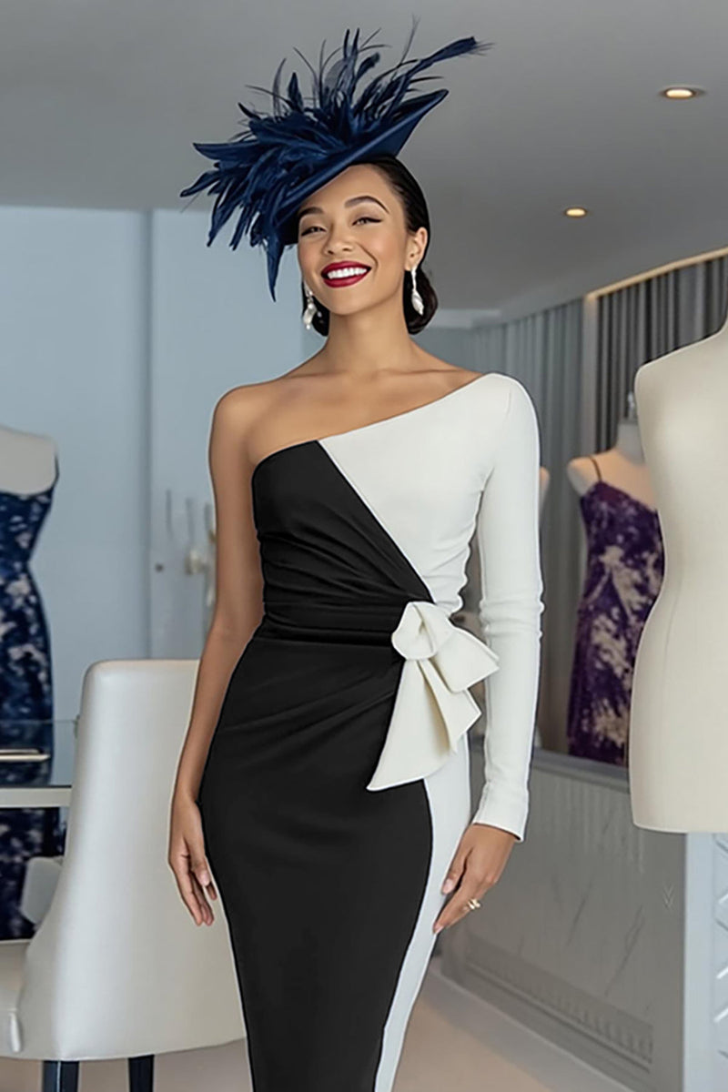 Load image into Gallery viewer, Black and White One Shoulder Bodycon Midi Mother of the Bride Dress with Sleeves