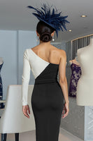 Load image into Gallery viewer, Black and White One Shoulder Bodycon Midi Mother of the Bride Dress with Sleeves