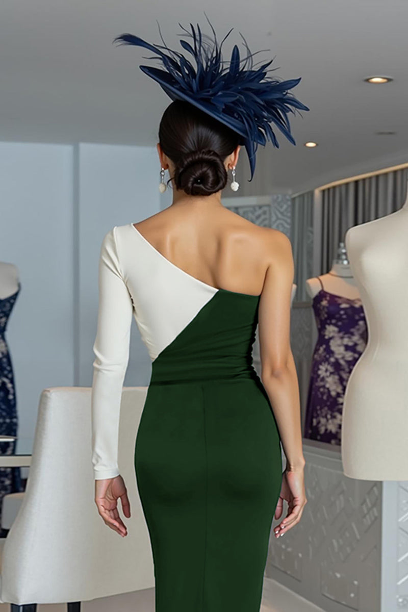 Load image into Gallery viewer, Black and White One Shoulder Bodycon Midi Mother of the Bride Dress with Sleeves