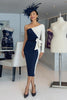 Load image into Gallery viewer, Black and White One Shoulder Bodycon Midi Mother of the Bride Dress with Sleeves