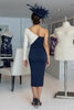 Load image into Gallery viewer, Black and White One Shoulder Bodycon Midi Mother of the Bride Dress with Sleeves