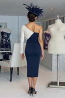 Load image into Gallery viewer, Black and White One Shoulder Bodycon Midi Mother of the Bride Dress with Sleeves