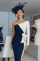 Load image into Gallery viewer, Black and White One Shoulder Bodycon Midi Mother of the Bride Dress with Sleeves