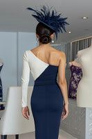 Load image into Gallery viewer, Black and White One Shoulder Bodycon Midi Mother of the Bride Dress with Sleeves