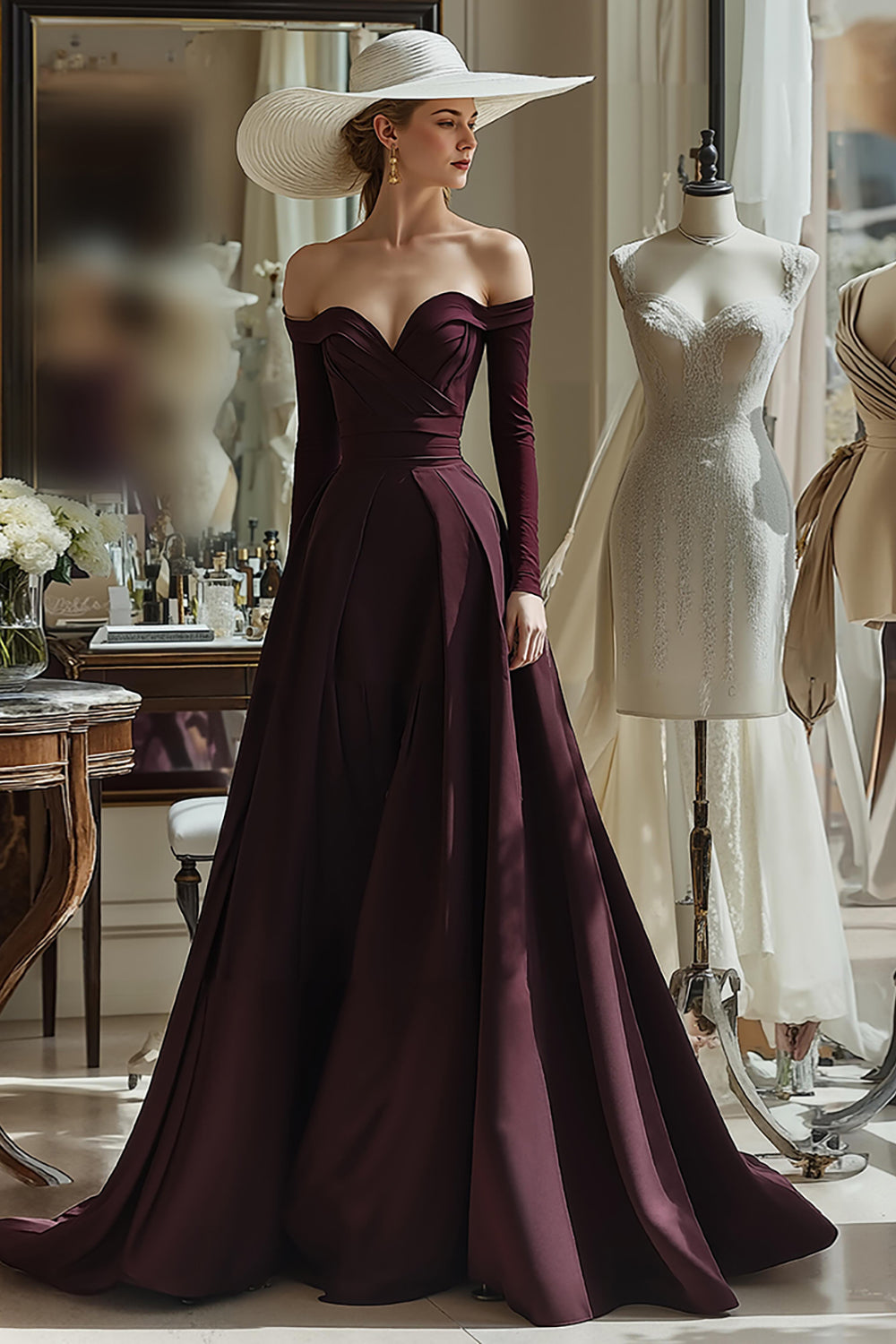 Cabernet A Line Off the Shoulder Satin Long Sleeves Mother of the Bride Dress