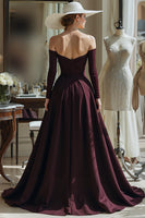 Load image into Gallery viewer, Cabernet A Line Off the Shoulder Satin Long Sleeves Mother of the Bride Dress
