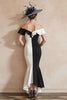 Load image into Gallery viewer, Black and White Off the Shoulder Mermaid Midi Mother of the Bride Dress