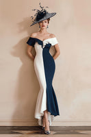 Load image into Gallery viewer, Black and White Off the Shoulder Mermaid Midi Mother of the Bride Dress