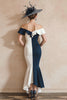 Load image into Gallery viewer, Black and White Off the Shoulder Mermaid Midi Mother of the Bride Dress