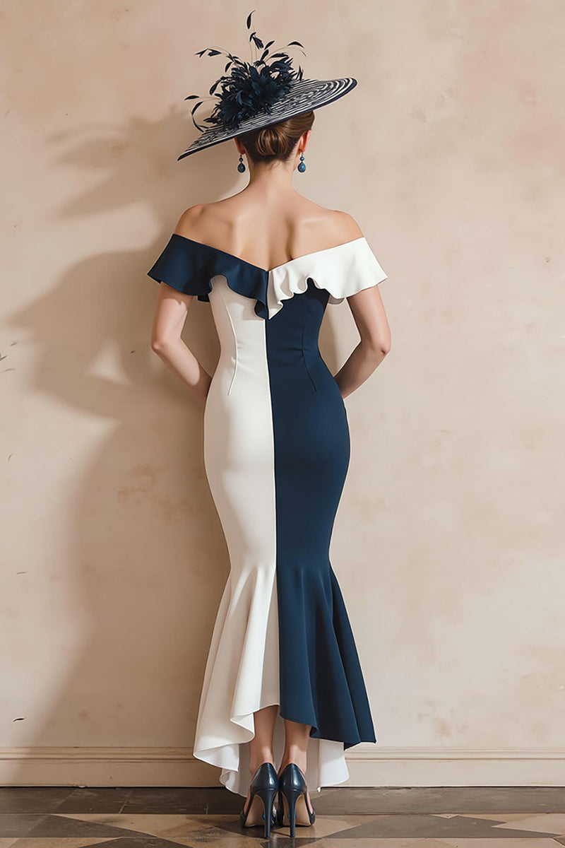 Load image into Gallery viewer, Black and White Off the Shoulder Mermaid Midi Mother of the Bride Dress