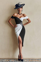 Load image into Gallery viewer, Black and White Bodycon Off the Shoulder Midi Mother of the Bride Dress