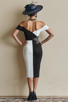 Black and White Bodycon Off the Shoulder Midi Mother of the Bride Dress