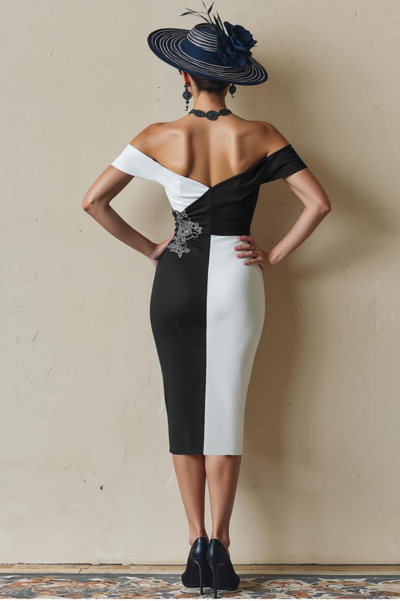 Load image into Gallery viewer, Black and White Bodycon Off the Shoulder Midi Mother of the Bride Dress