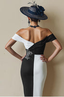 Load image into Gallery viewer, Black and White Bodycon Off the Shoulder Midi Mother of the Bride Dress