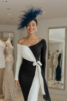 One Shoulder Black and White Midi Mother of the Bride Dress with Sash