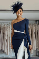 Load image into Gallery viewer, White Navy Satin One Shoulder Midi Mother of the Bride Dress with Side Cape