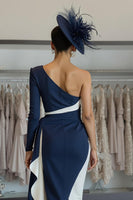 Load image into Gallery viewer, White Navy Satin One Shoulder Midi Mother of the Bride Dress with Side Cape
