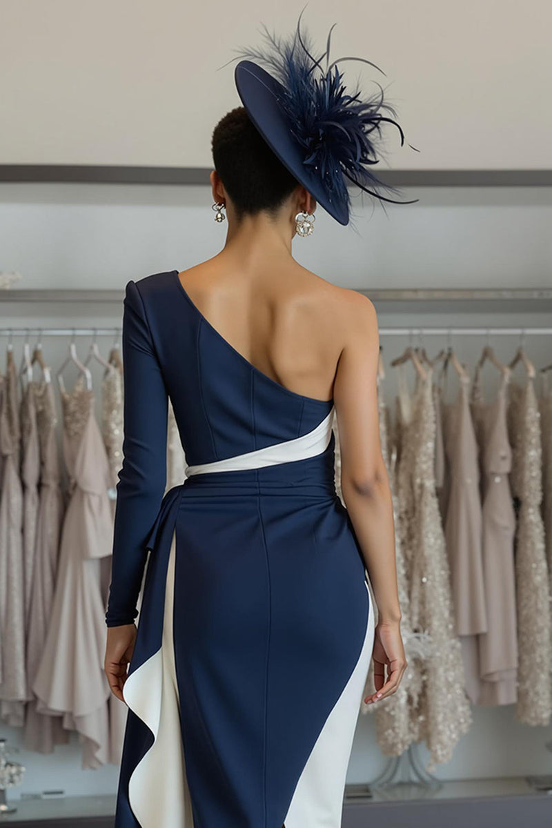 Load image into Gallery viewer, White Navy Satin One Shoulder Midi Mother of the Bride Dress with Side Cape