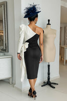 Load image into Gallery viewer, Black and White One Shoulder Patchwork Midi Mother of the Bride Dress with Sleeves