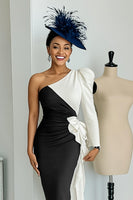 Load image into Gallery viewer, Black and White One Shoulder Patchwork Midi Mother of the Bride Dress with Sleeves